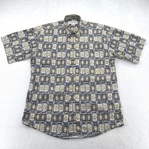 Alexander Martin Mens Button Down Camp Shirt Med Blue Tan Geometric Short Sleeve
